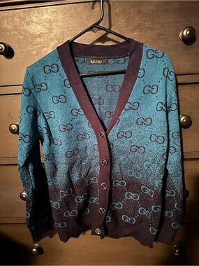 Blue Teal Ombre GG Logo Cardigan